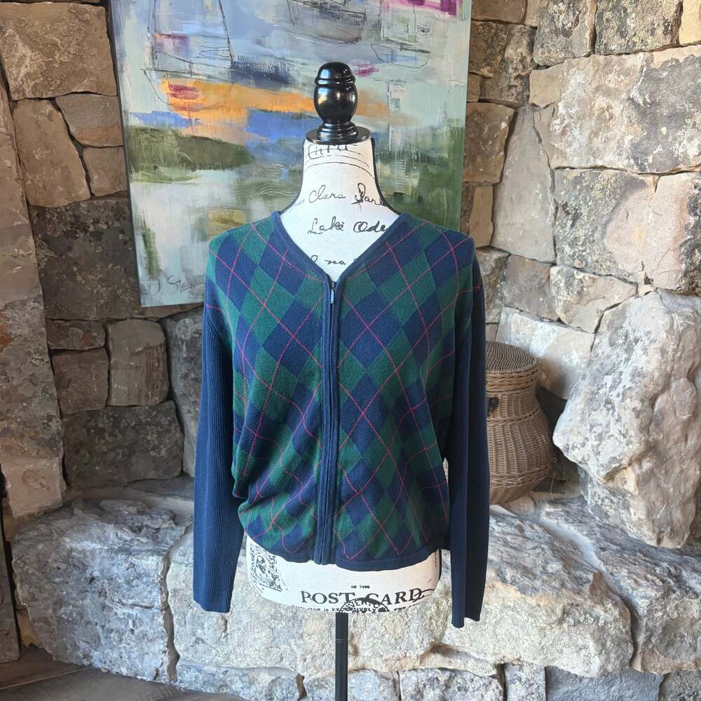Vintage Pendleton Women’s Large Navy Green Argyle Zip Cardigan Sweater 100% Cott